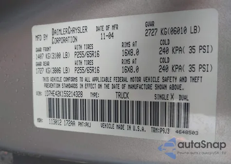 2005 Dodge Dakota Slt z USA, uszkodzony, nr VIN 1D7HE42K15S214328